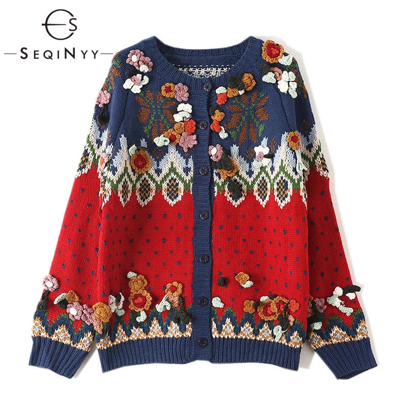 

SEQINYY красный жакет 2020 осень зима новый модный дизайн женский 3D Цветочный Принт вязаный Повседневный свитер
