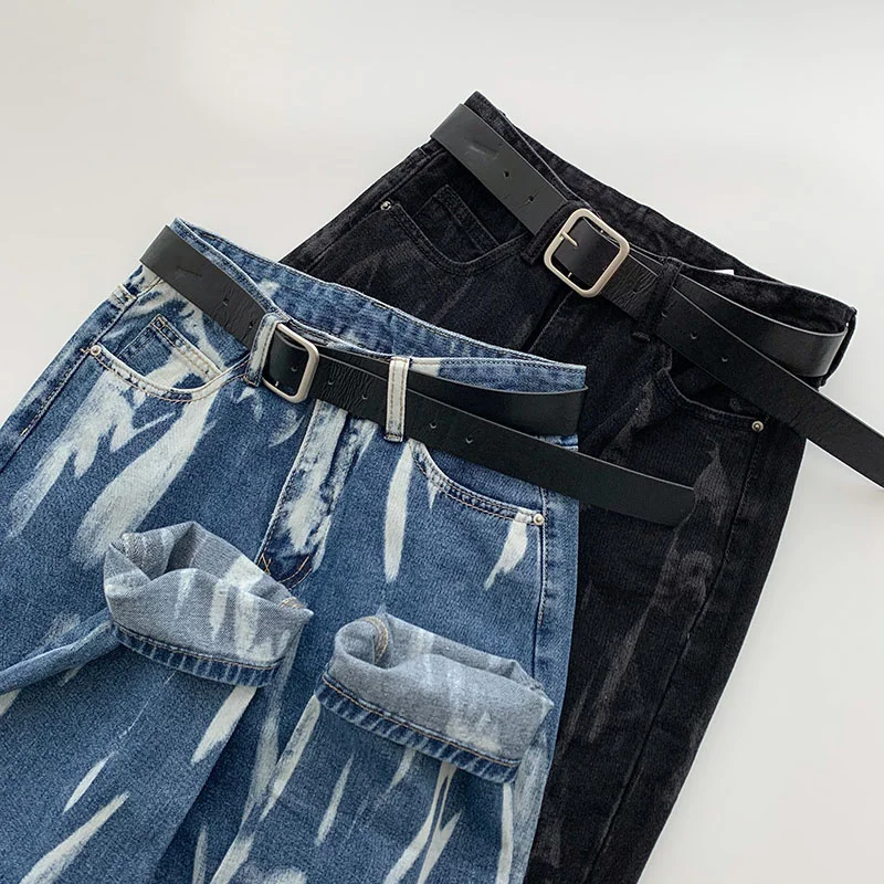 

Tie Dyed High Waist Jeans Women Casual Straight Pants With Belt Femme Korean Style Streetwear Cotton Ankle Length Bottoms