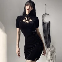 women sexy dress 2021 gothic vintage velvet bodycon dresses summer mini vestidos elegant lace up hollow short dress black