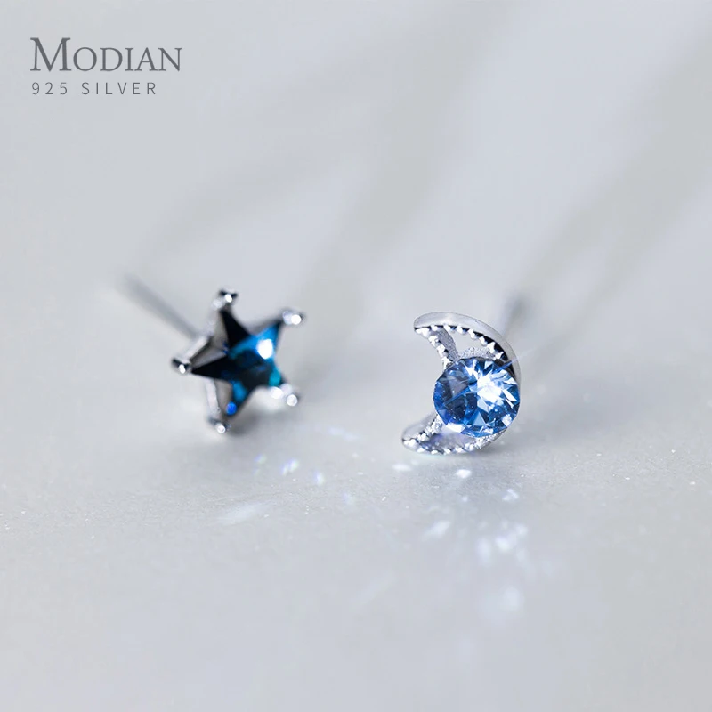 

Modian Sparkling Trendy Blue Crystal Stars Moon Stone Stud Earrings Charm 925 Sterling Silver Luxury Female Jewelry Gift Brincos