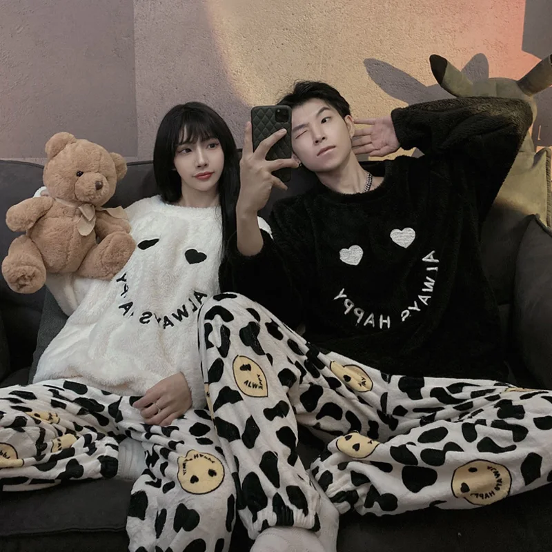 

Семейные парные пижамы, женские и мужские пижамы, фланелевые зимние пижамы, домашняя одежда для влюбленных, длинные брюки с улыбкой, теплая ...