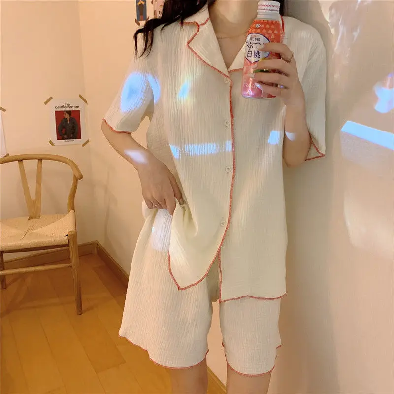 

Cotton Nightwear Korean Pajamas for Women Summer Ensemble Pyjama Femme Pure Color Simplicity Pijamas Short Sleeve Lounge Wear