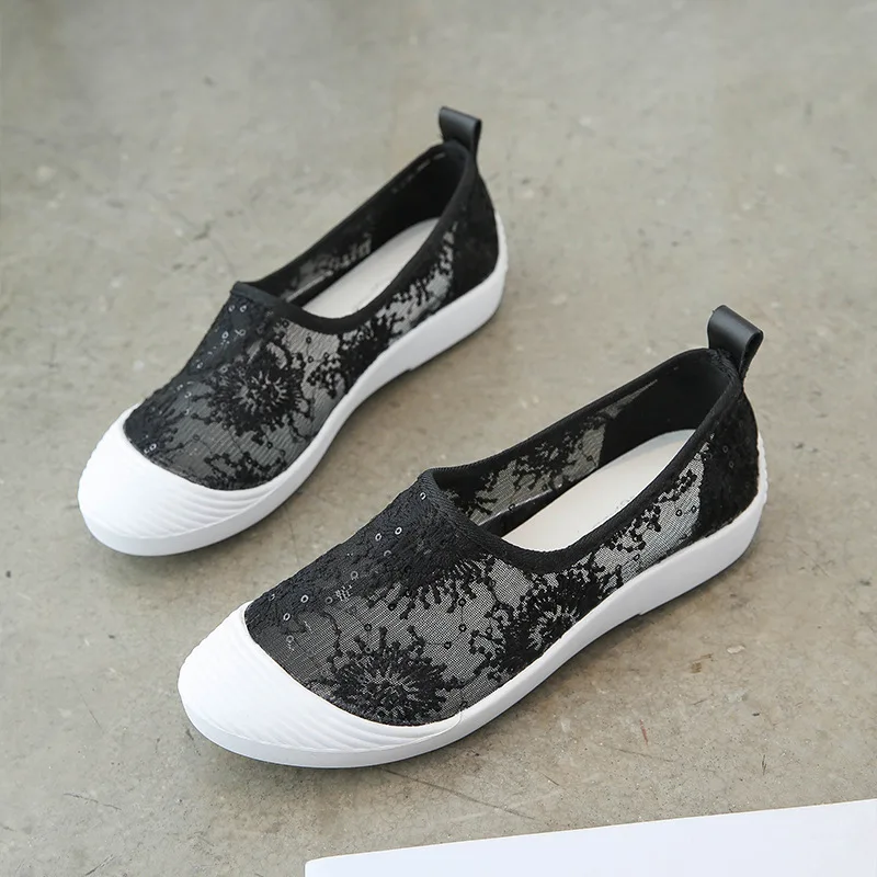 

Женские сетчатые туфли, классические туфли на плоской подошве, с кружевом, дышащие, лето 2021