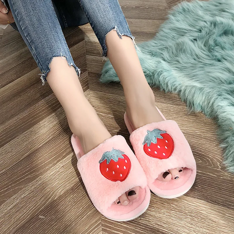 Liam Fruit Print Slipper Winter Warm Cute House Shoes Comfortable Open Toes Non Slip Fuzzy Slides zapatos de mujer - Цвет: Strawberry