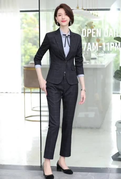 Navy coat and pants Профессиональные женские брючные костюмы Новая мода клетчатый Блейзер и брюки интервью высокого класса бизнес Формальная работа wea - Цвет: Navy coat and pants