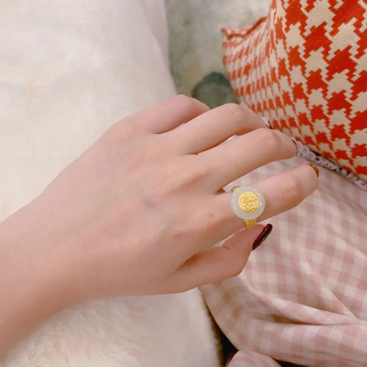 

Silver inlaid natural Hetian white jade adjustable ring Chinese style retro unique ancient gold craft charm women's jewelry