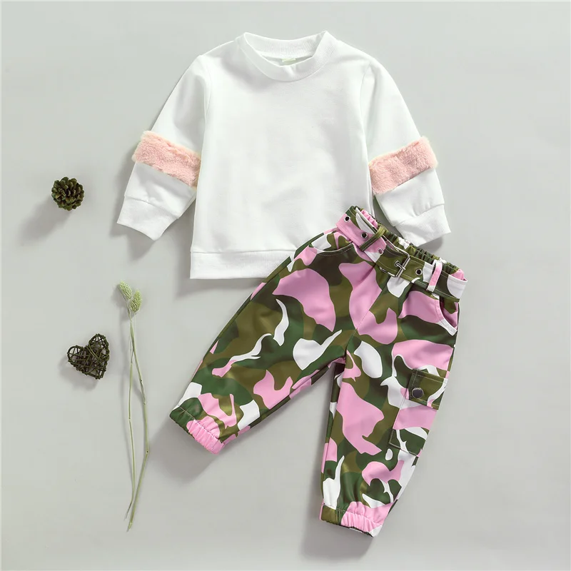 

2Pcs Baby Girls Trousers Printing Classic O-Neck Spring Autumn Camouflage Clothes Children's Set 1-6Year