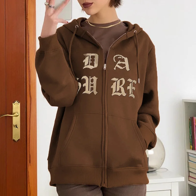 

Vintage Brown Zip Up Oversized Hoodies Women Sweatshirts Letter Embroidery Hooded Hoodie Coat Autumn Winter 2021 Sweat Shirts