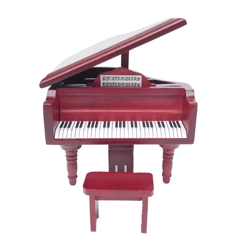 

1:12 Dollhouse Miniature Wood Grand Piano with Stool Decorative Accessories