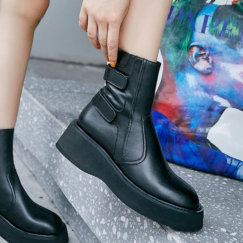 

FEDONAS Buckle Zipper Women Flats Platform Ankle Boots Fashion Genuine Leather Female Motorcycle Boots Party Dancing Shoes Woman
