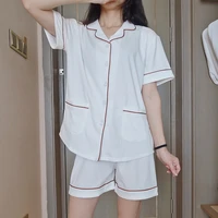caiyier cotton pajama set women summer short sleeve shorts casual solid contracted girl turn down collar sleepwear homewear