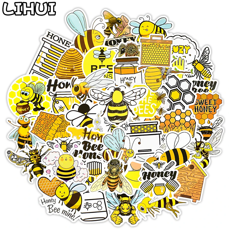 50 PCS Cute Bee Sticker Toys for Kids Gift Cartoon Honey Insect Animal Stickers to DIY Laptop Phone Fridge Kettle Bike Car Decal