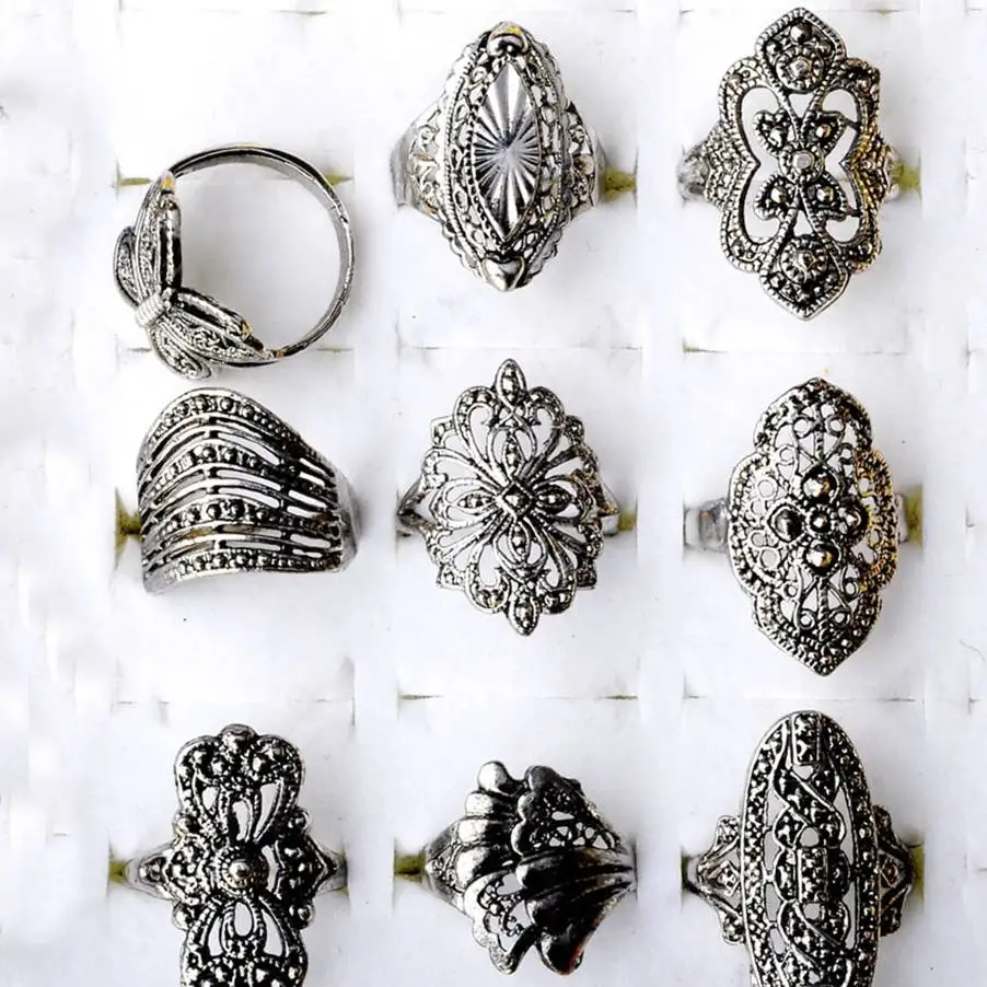 10Pcs Bulk Jewelry Lots Mixed Style Tibet Silver Vintage Band Rings For Women Wholesale Charm 18mm | Украшения и аксессуары