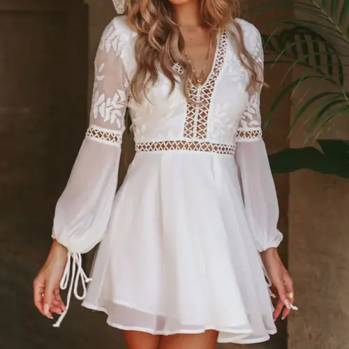 2020 New Silk Women Dress Long Sleeve Bandage Sexy Deep V Neck Backless Dresses Lace Trim Short Mini Sweet Clothes | Женская одежда