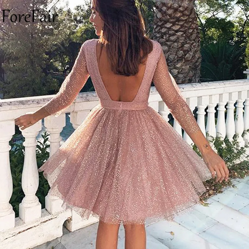 

Forefair Glitter O Neck A Line Party Dress Backless Princess Spring Women Long Sleeve Clubwear Elegant Plus Size Lace Pink Dress