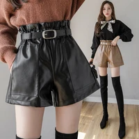 autumn female korean fashion pu leather shorts for girls streetwear high waist shorts wide leg casual women shorts with belt