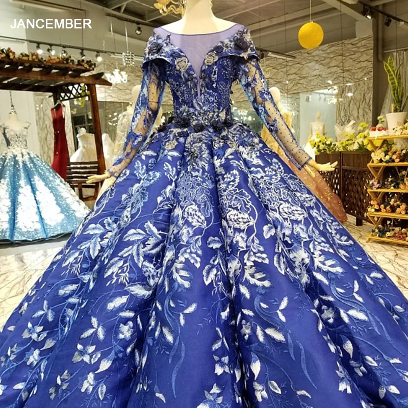 LS148865 королевский синий бальное платье вечернее длинные тюлевые рукава o шеи