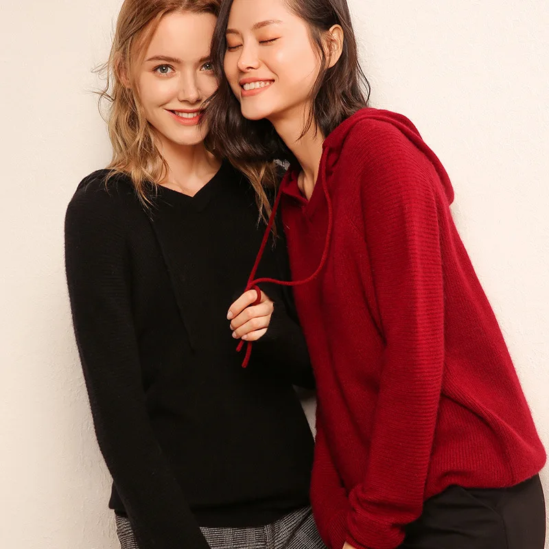 Simple European American Autumn Winter Pink New Hooded Solid Cashmere Sweater for Women Burgundy High Street Pullovers | Женская одежда