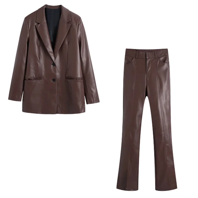 

TRAF ZA&ree Woman Suit Women 2 Piece Faux Leather Blazer And Faux Leather Pants Slit Legs Fashion Lady Office Blazer Outfits