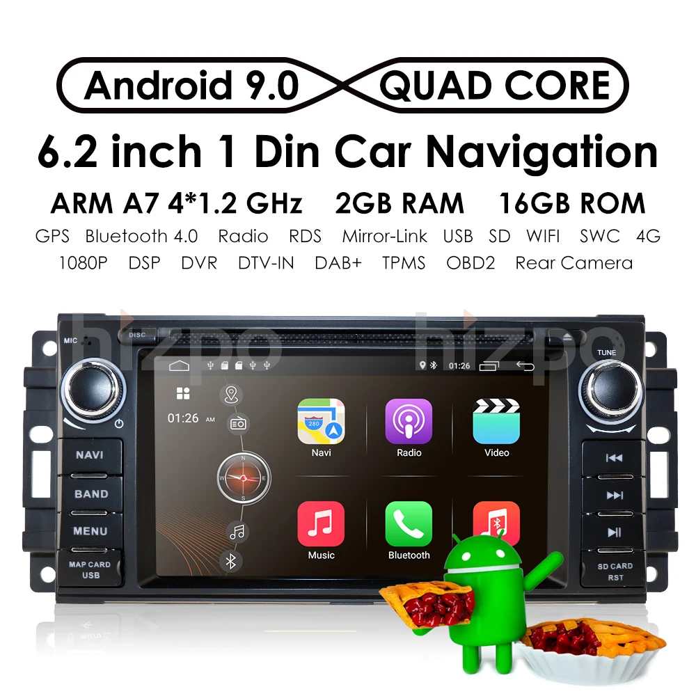 Android 9,0 автомобильный стерео gps dvd-плеер совместим Dodge Оперативная память Challenger Jeep Wrangler JK головное устройство один Din 6,2 ''2G Оперативная память+ 16G Встроенная память