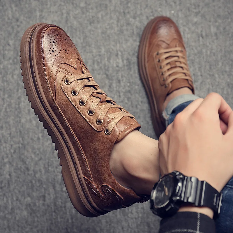 

Korean style men's fashion natural leather shoes breathable bullock shoes lace-up platform sneakers streetwear brogue footwear