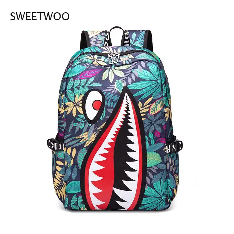 

Men Backpack Trendy Lightweight Shark Print Simple Personality Junior High School Student Backpack College Style Shoulder Bag