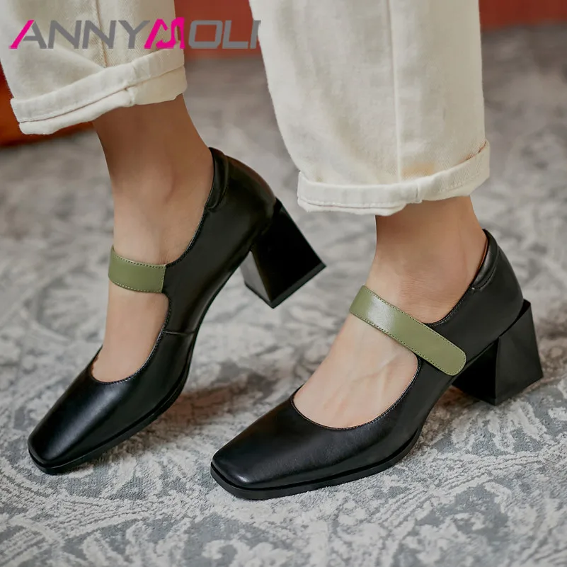 

ANNYMOLI Genuine Leather Sheepskin High Heel Pumps Mary Janes Shoes Women Block Heels Shoes Square Toe Lady Footwear White 41 42