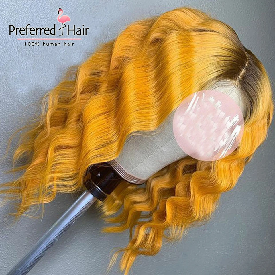 Предпочтительный глубокая волна парик 1b корни желтый Омбре фронта шнурка