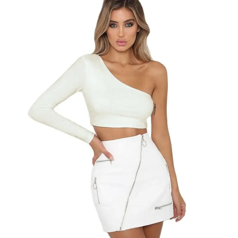 

2021 Summer New Fashion One-Shoulder Diagonal Collar Sexy Solid Color Long-Sleeved T-Shirt Umbilical Cord Sports Vest Short