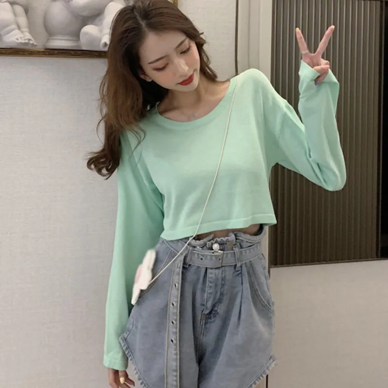 

2021 Summer Women Short Sun Protection Shirt Crop Top Korean Style Loose And Thin Long-sleeved Knitted Pullover Female Tops
