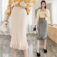 new arrival 2021 autumn winter women knitted midi skirt korean elegant slim high waist pleated mermaid skirt