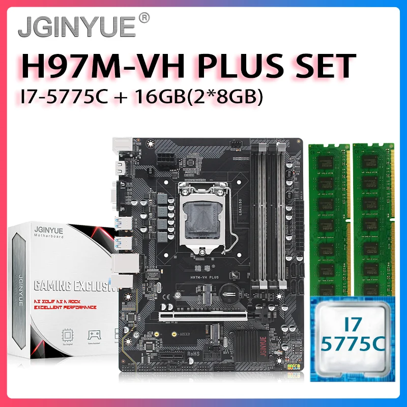 Billig JGINYUE H97 Motherboard LGA 1150 Set Kit Mit Intel I7 5775C Prozessor Und DDR3 16GB(2*8GB) Desktop Speicher H97M-VH PLUS