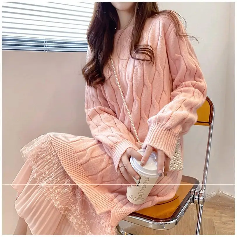 

Новое Сетчатое Красное Кружевное шерстяное платье для женщин свободное платье-свитер в корейском зарубежном стиле универсальное платье