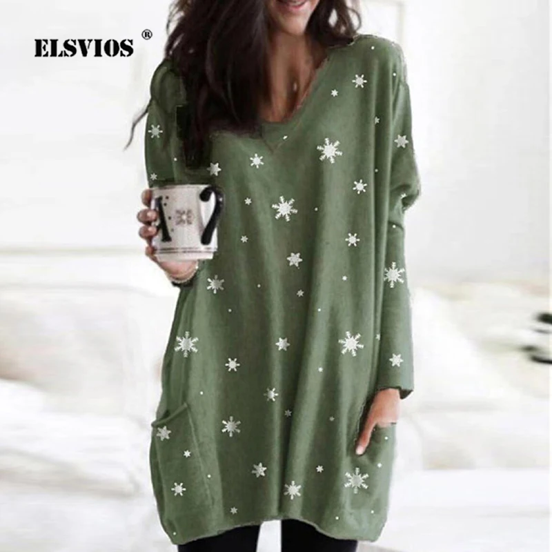 

5XL Women Fall Winter V Neck Long Sleeve Base T-shirt Casual Snowflake Gradient print Top Elegant Pocket All-Match Long T-shirts