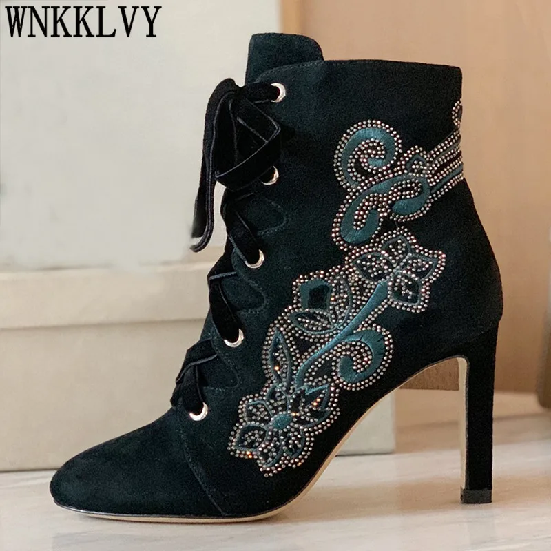 

Runway thin high heel Embroidered boots women suede crystal rhinestone decor lace up short boots Autumn winter sexy ankle botas