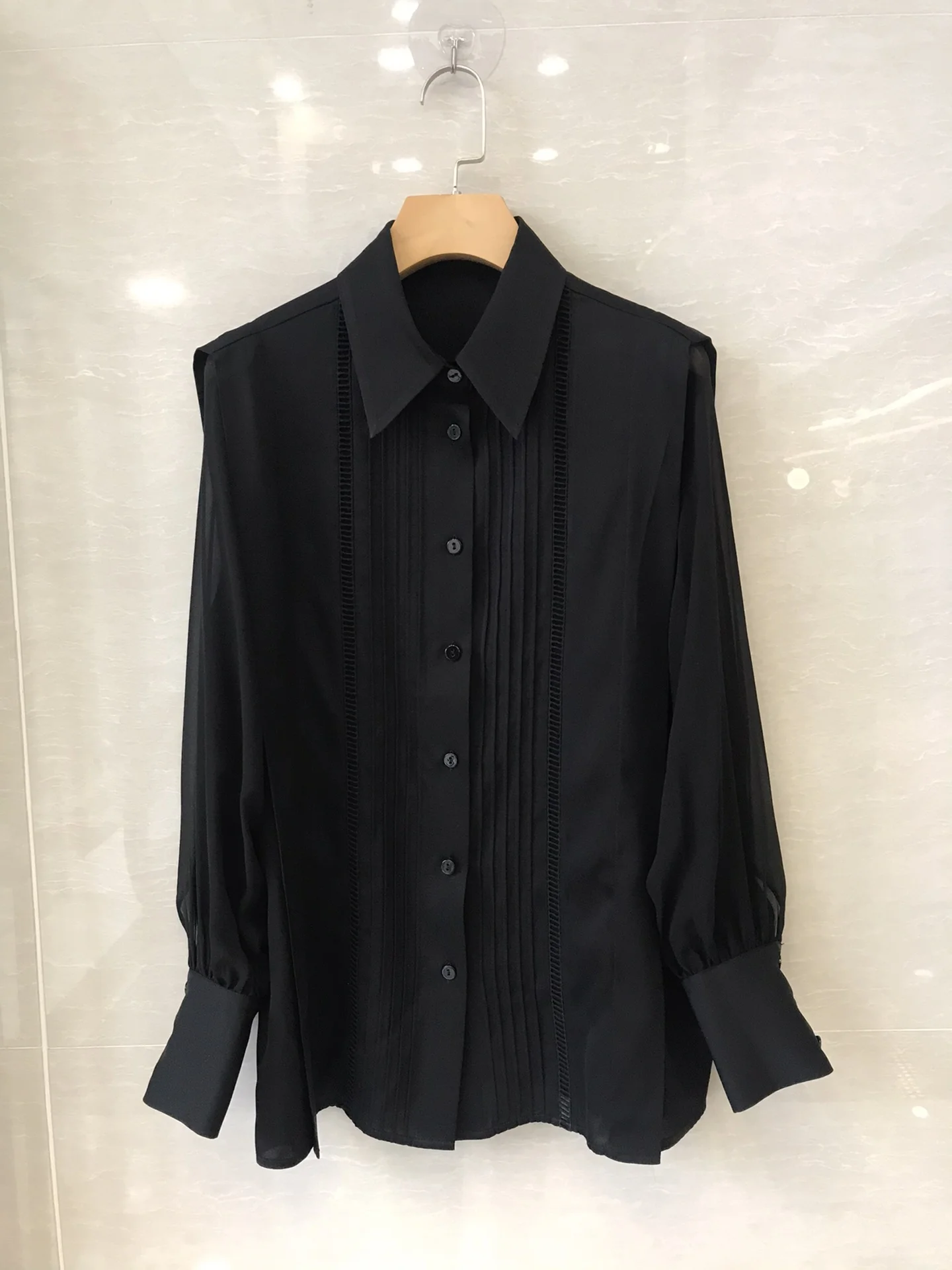 

new ladies fashion 2021 long-sleeved sexy casual solid color lace striped pleated double Joe silk stitching shirt 1214