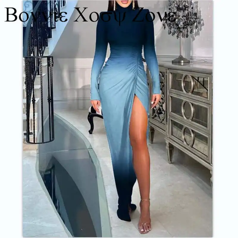 

High Neck Long Sleeve Ombre Colorblock Padded Shoulder High Slit Ruched Party Dress