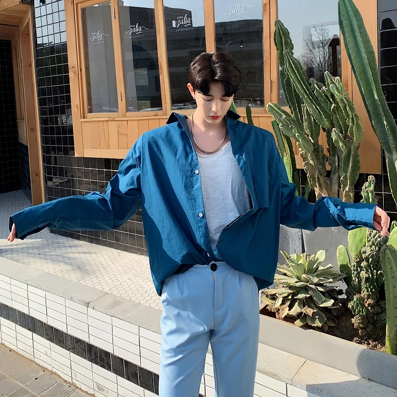 Рубашка мужская с длинным рукавом винтажная модная Свободная Повседневная синяя