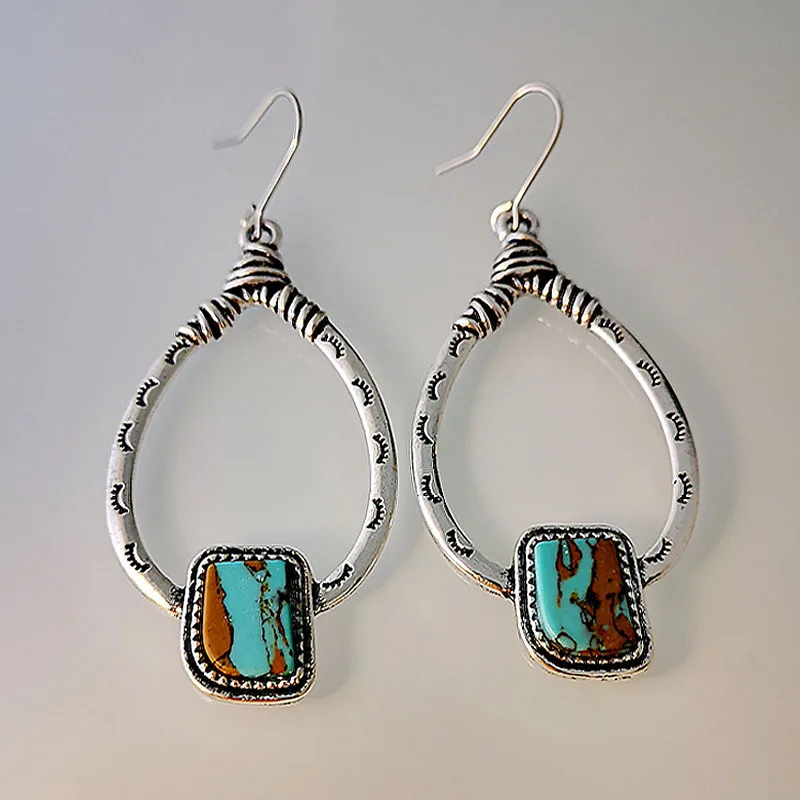 

Bohemian Big Hollow Metal Turquoises Stone Earrings Exaggerated Jewelry Indian Tribal Water Drop Dangle Earring Brincos Z4D399