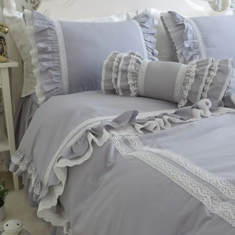 Top luxury bedding set light embroidery ruffle lace gray duvet cover bed sheet bedspread princess queen pillowcase HM-05S |