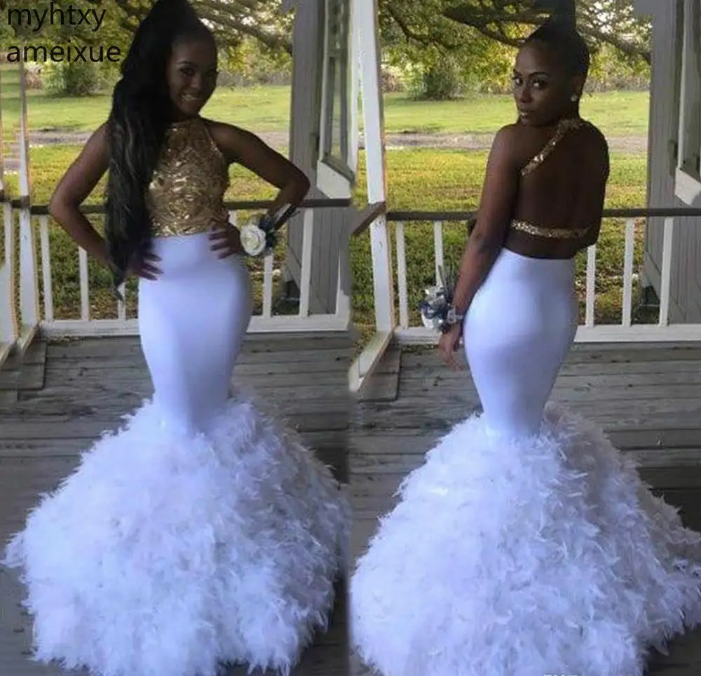 New Luxury South Black Girls Feather White Prom Dresses 2020 Mermaid Wear Event Party Gowns Plus Size Custom Made Dress Elegant