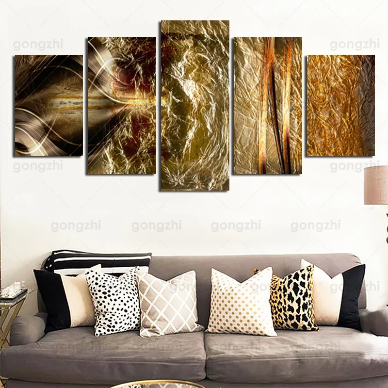 

Modern Luxury 5Pcs Wall Painting Gold Foil Paper Texture Abstract Frameless Home Canvas Printing Decorative Painting