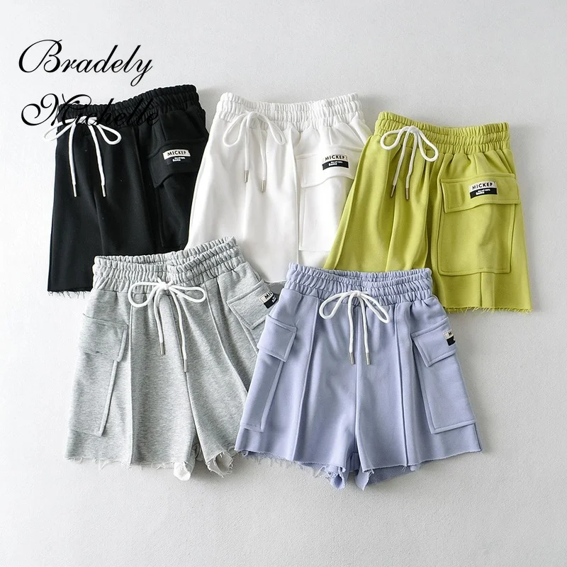 

BRADELY MICHELLE 2021 Summer NEW Arrival Solid Color Lace Causal Fashion Short with Pocket Streetwear High-waist Shorts