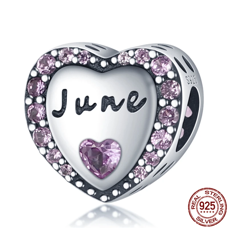 

New 100% 925 Sterling Silver Women Fashion Jewelry White Purple June Heart Shape Beads Fit Original Pandora Bracelet&Bangle Gift