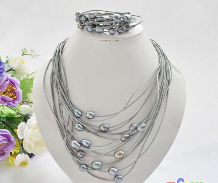 

15row Freshwater 11-13mm black rice pearl gray leather necklace & bracelet set