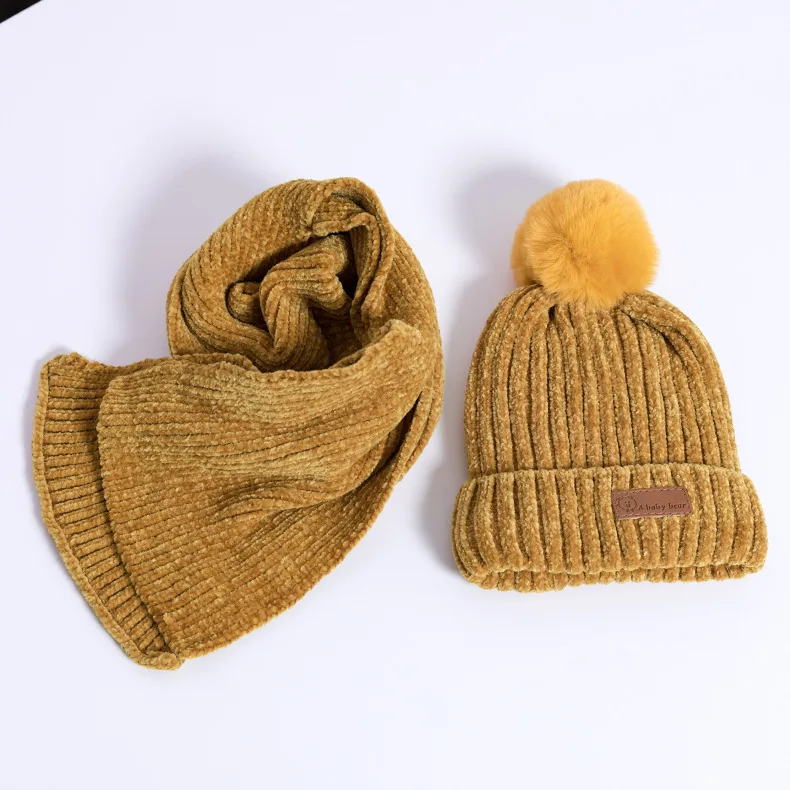 Yellow 2Pcs 2 шт./3 шт./компл., детские наборы шарф Шапка Зимняя Теплая Бархатная шапка шарф перчатки для маленьких мальчиков и девочек, костюмы хлопковая шерсть Младенческая шапочка, шапки - Цвет: Yellow 2Pcs