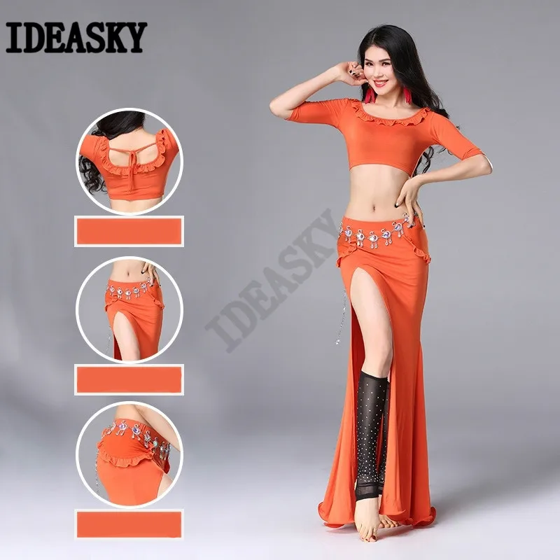 Women Oriental Practice Wear Professional Performance Bellydance Belly Dance Costume Set Top Split Long Skirt Slim Clothes suit |