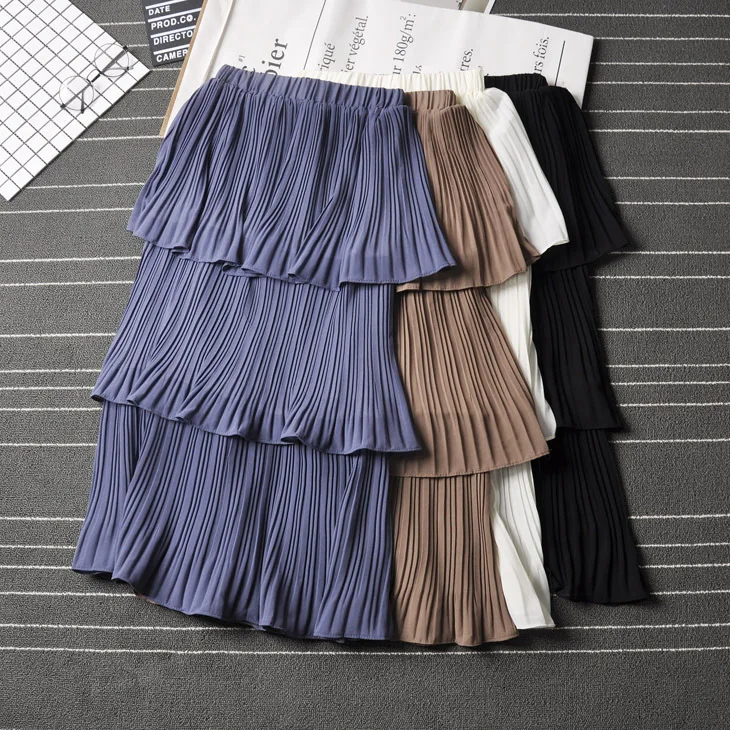 

Korean Style Multilayer Ruffles Long Pleated Skirts Women Fashion Solid Elastic High Waist A-line Skirts Female Saia Midi Faldas