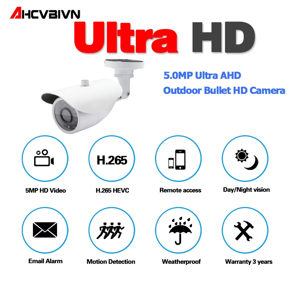 

New Arrival Super HD 5MP AHD Security CCD Camera CCTV White Metal Bullet Waterproof 36pcs Array IR Light Night vision Camera
