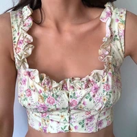 boned corset tops women summer floral crop top square collar ruffles tank top front single breasted back zipped cropped